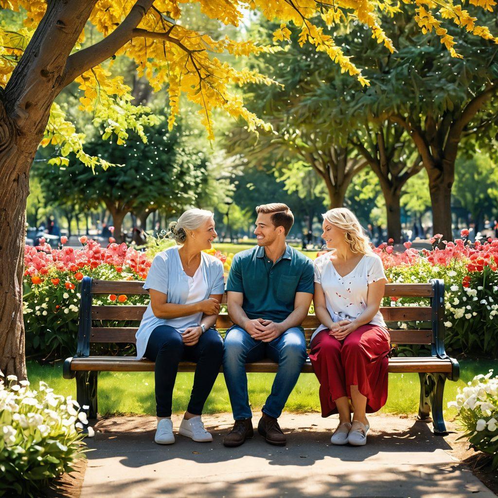 A cozy setting with two people sitting side by side on a park bench, engaged in a heartfelt conversation, surrounded by blooming flowers and soft sunlight filtering through trees. Add elements like hearts and connection symbols subtly in the background to represent love and understanding. Emphasize warmth and intimacy in facial expressions. vibrant colors. super-realistic.