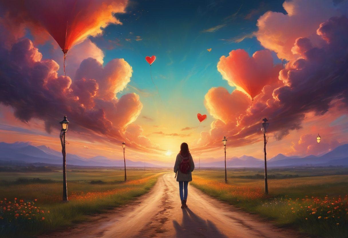 An enchanting scene depicting a person standing at a crossroads, one path leading to vibrant, joyful scenes of single life, while the other beautifully transforms into romantic moments shared with a soulmate. Add elements like heart-shaped clouds, glowing lanterns, and soft, warm lighting to invoke feelings of hope and love. Include symbols of guidance, like a glowing compass. painterly style. vibrant colors. soft lighting.