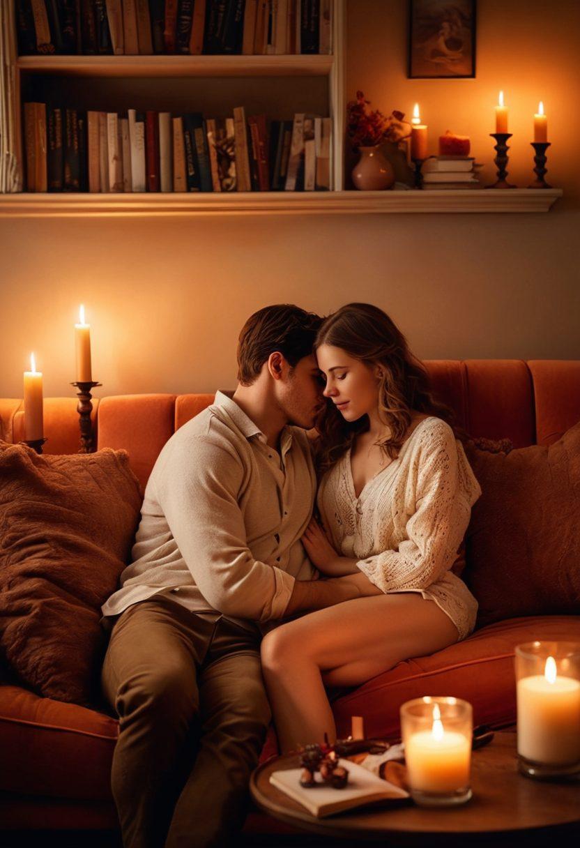 A cozy, intimate setting featuring a couple engaged in a deep conversation, sitting on a plush couch with soft lighting. Surround them with warm colors, books on relationships, and candles to evoke a romantic atmosphere. Include elements like intertwined hands and subtle body language expressing connection. Add faint heart motifs in the background for a touch of romance. super-realistic. warm tones. intimate ambiance.